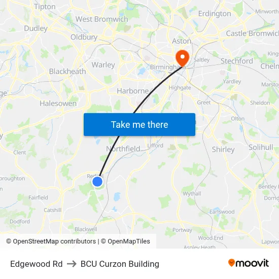 Edgewood Rd to BCU Curzon Building map