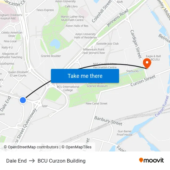 Dale End to BCU Curzon Building map