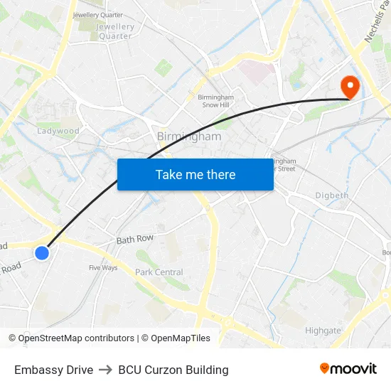 Embassy Drive to BCU Curzon Building map