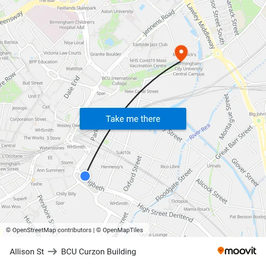 Allison St to BCU Curzon Building map