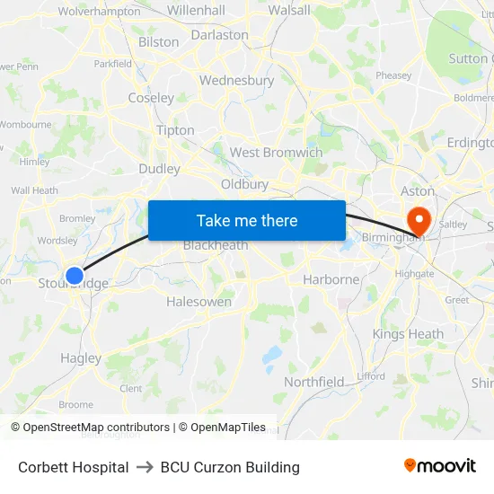 Corbett Hospital to BCU Curzon Building map