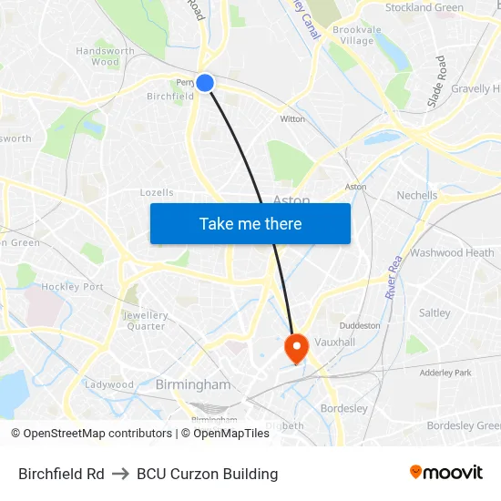 Birchfield Rd to BCU Curzon Building map