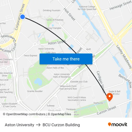 Aston University to BCU Curzon Building map