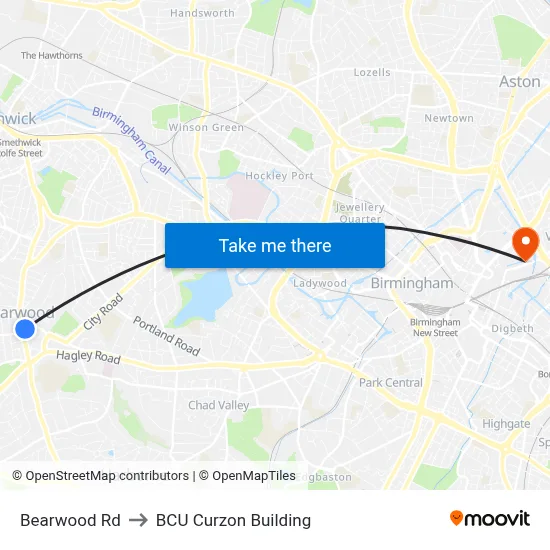 Bearwood Rd to BCU Curzon Building map