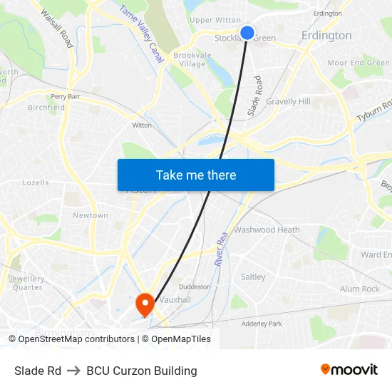 Slade Rd to BCU Curzon Building map
