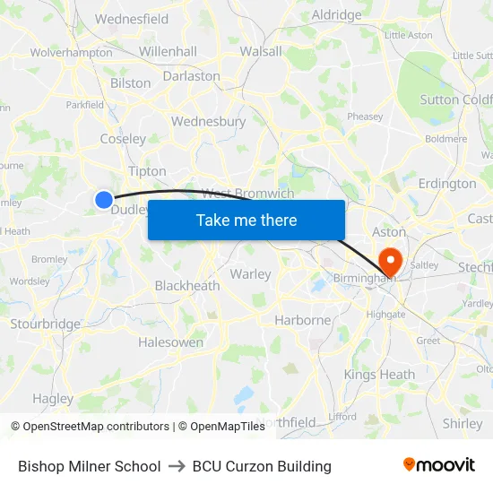 Bishop Milner School to BCU Curzon Building map