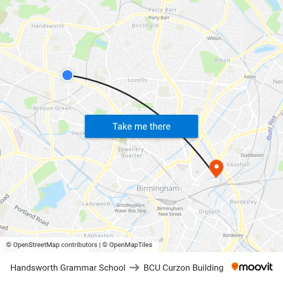Handsworth Grammar School to BCU Curzon Building map