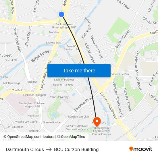 Dartmouth Circus to BCU Curzon Building map