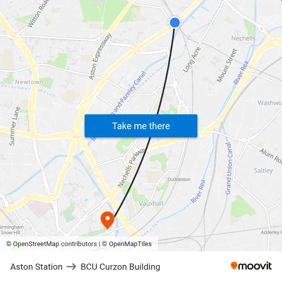 Aston Station to BCU Curzon Building map