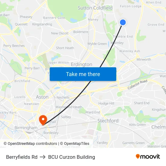Berryfields Rd to BCU Curzon Building map