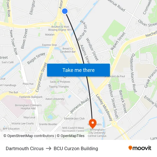 Dartmouth Circus to BCU Curzon Building map