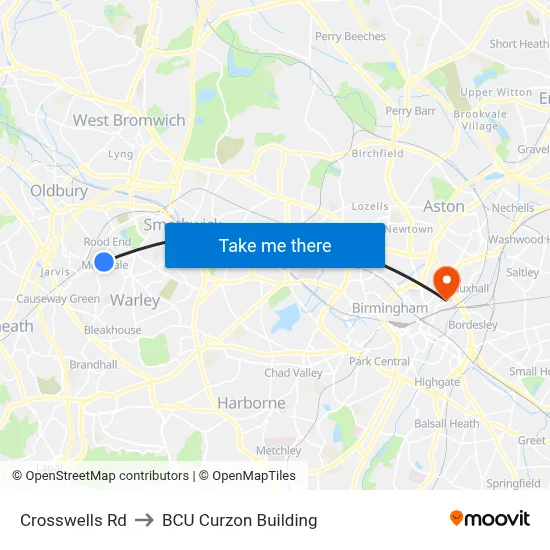 Crosswells Rd to BCU Curzon Building map