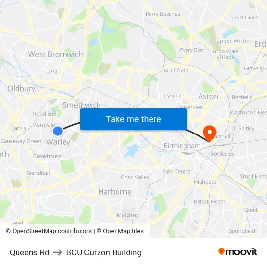 Queens Rd to BCU Curzon Building map