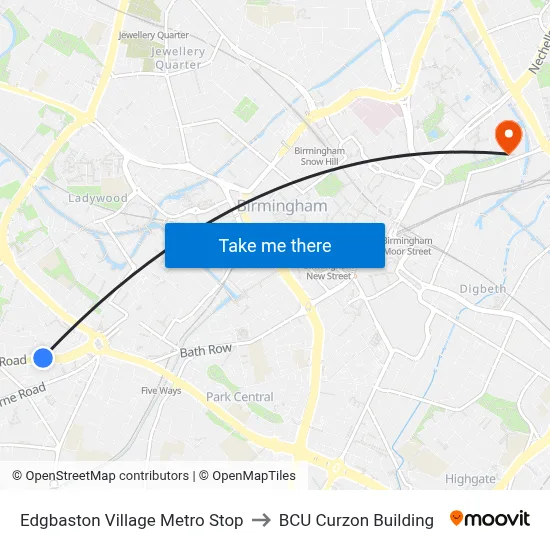 Edgbaston Village Metro Stop to BCU Curzon Building map