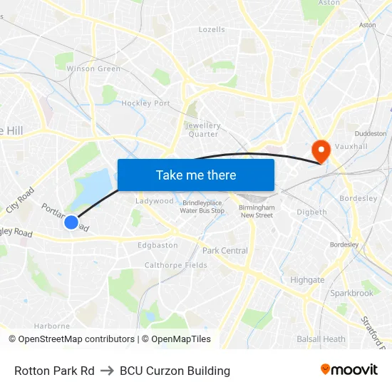 Rotton Park Rd to BCU Curzon Building map