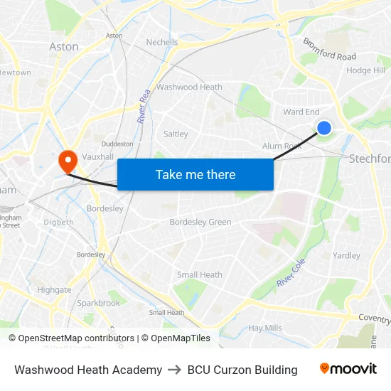 Washwood Heath Academy to BCU Curzon Building map