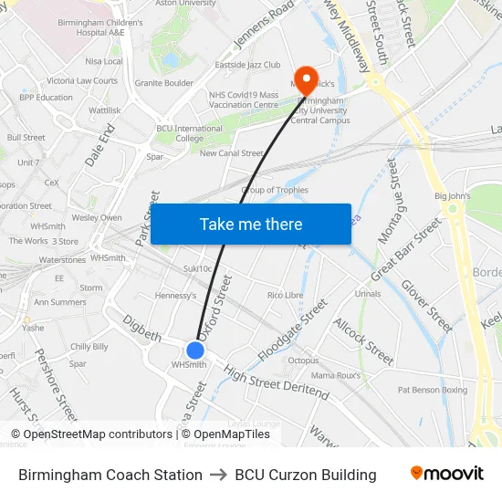 Birmingham Coach Station to BCU Curzon Building map