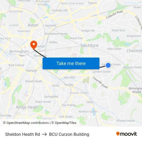 Sheldon Heath Rd to BCU Curzon Building map