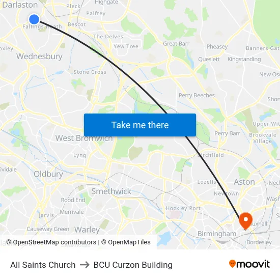 All Saints Church to BCU Curzon Building map