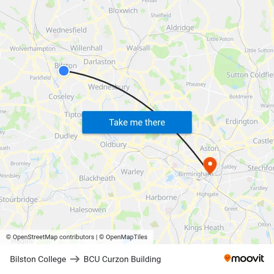 Bilston College to BCU Curzon Building map