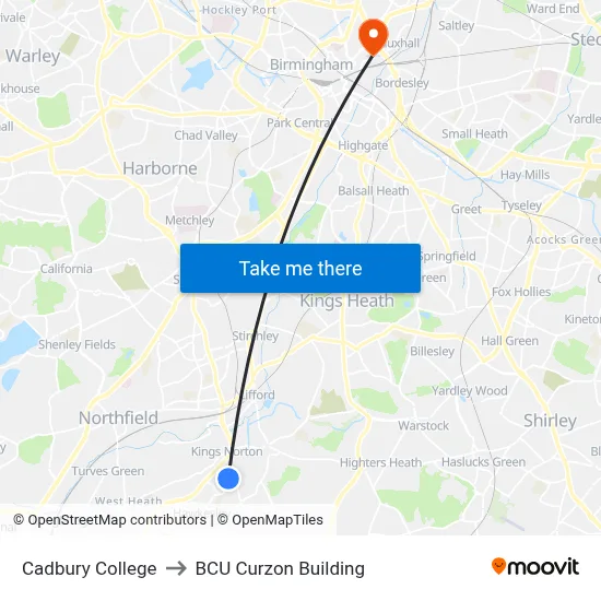 Cadbury College to BCU Curzon Building map