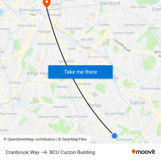 Cranbrook Way to BCU Curzon Building map