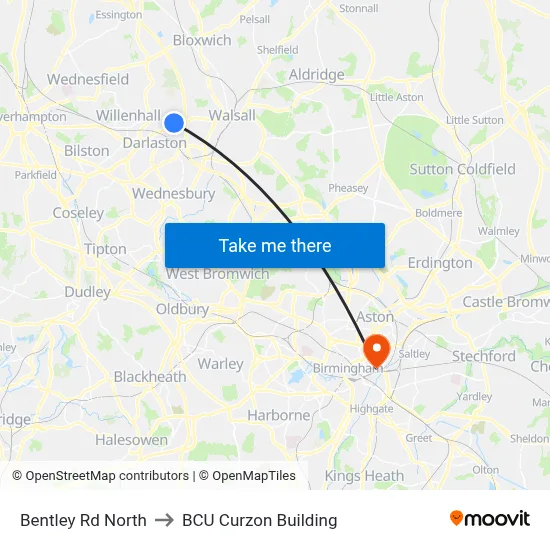 Bentley Rd North to BCU Curzon Building map
