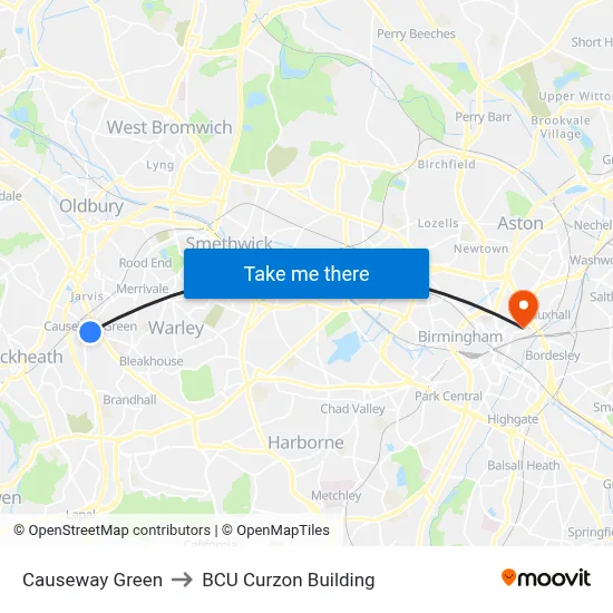 Causeway Green to BCU Curzon Building map