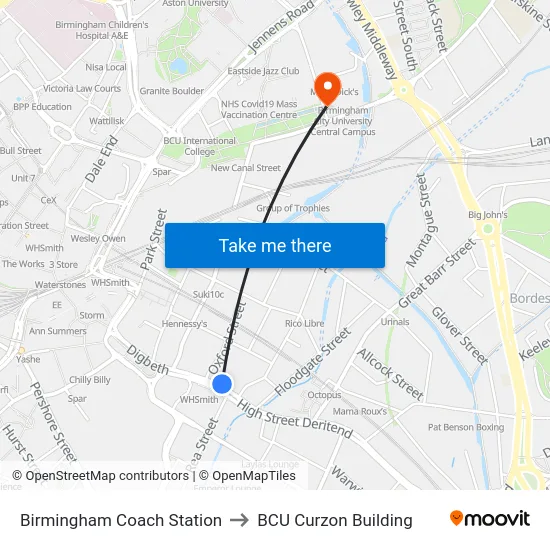 Birmingham Coach Station to BCU Curzon Building map