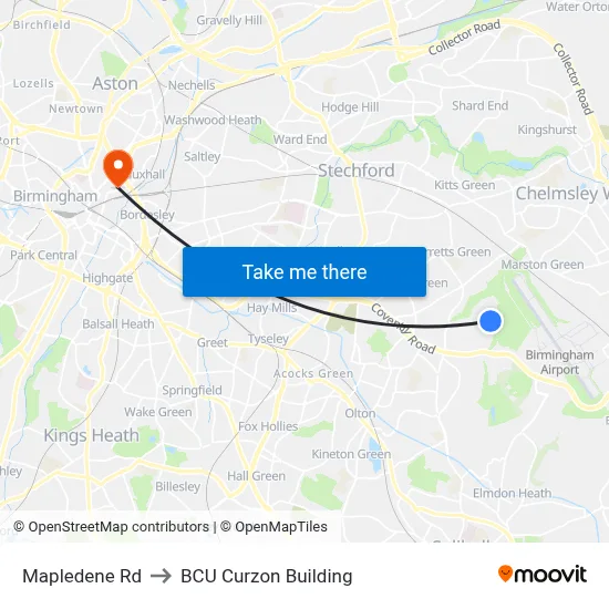 Mapledene Rd to BCU Curzon Building map