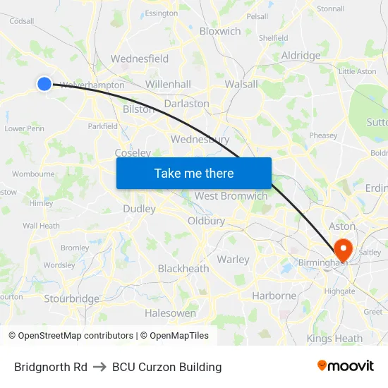 Bridgnorth Rd to BCU Curzon Building map