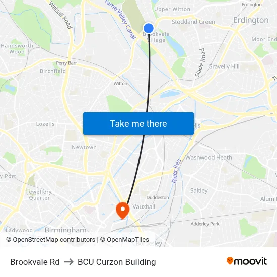 Brookvale Rd to BCU Curzon Building map