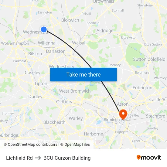 Lichfield Rd to BCU Curzon Building map
