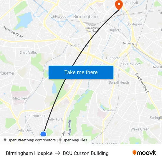 Birmingham Hospice to BCU Curzon Building map