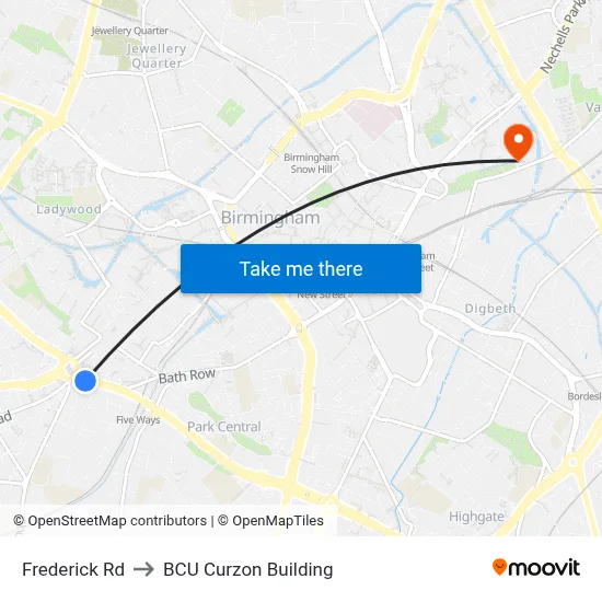 Frederick Rd to BCU Curzon Building map