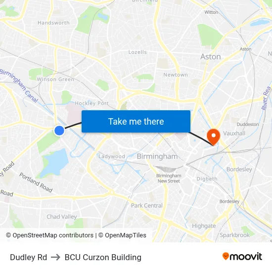 Dudley Rd to BCU Curzon Building map