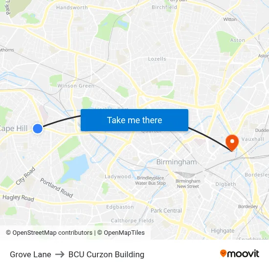 Grove Lane to BCU Curzon Building map
