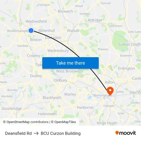 Deansfield Rd to BCU Curzon Building map