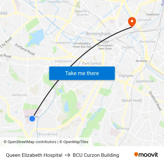 Queen Elizabeth Hospital to BCU Curzon Building map