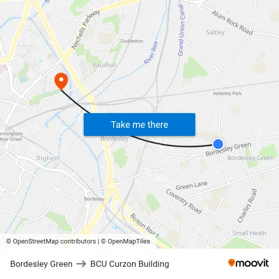 Bordesley Green to BCU Curzon Building map