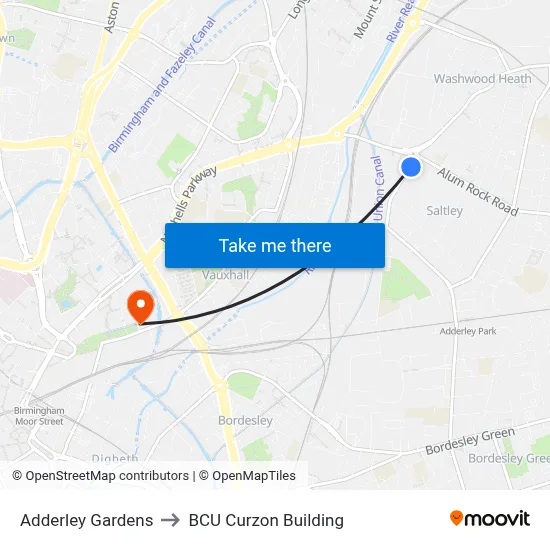 Adderley Gardens to BCU Curzon Building map