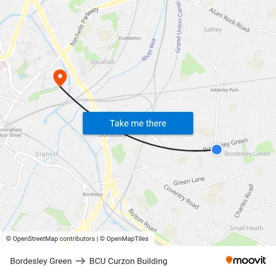 Bordesley Green to BCU Curzon Building map