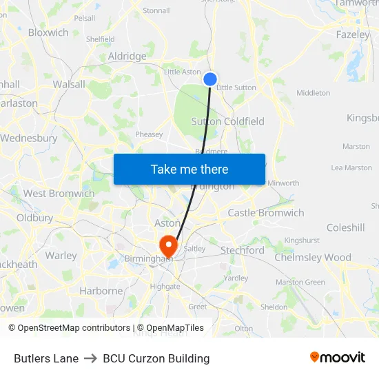 Butlers Lane to BCU Curzon Building map