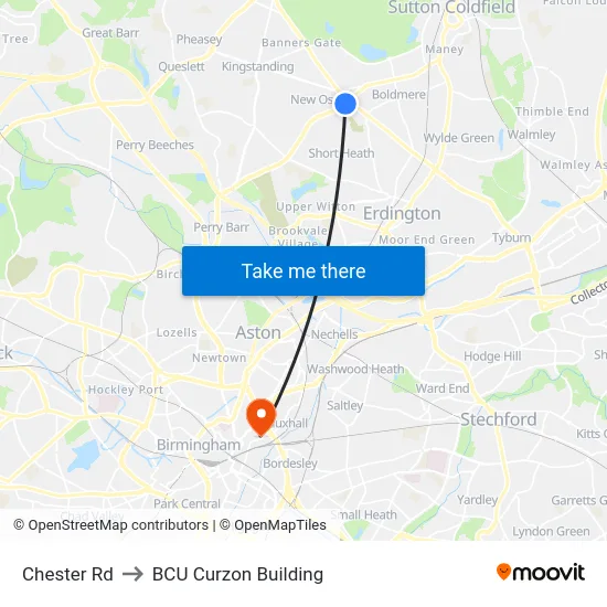 Chester Rd to BCU Curzon Building map