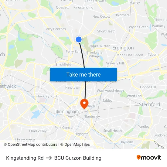 Kingstanding Rd to BCU Curzon Building map