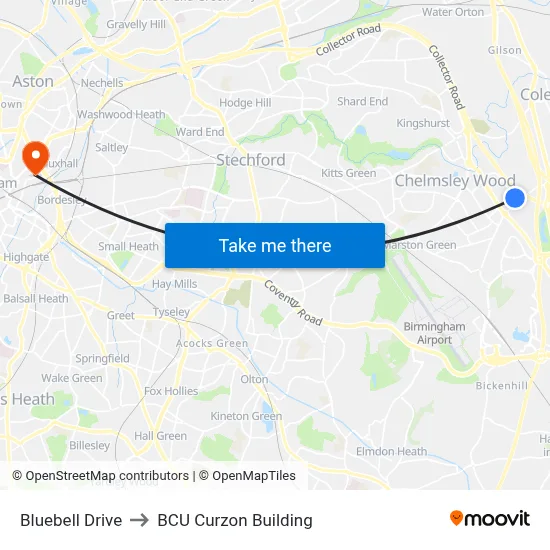 Bluebell Drive to BCU Curzon Building map