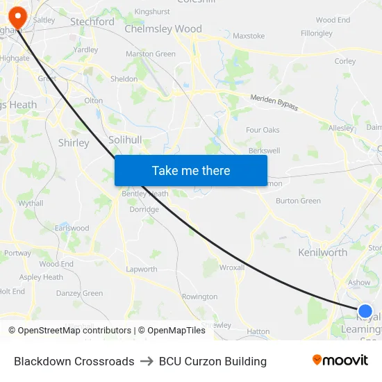 Blackdown Crossroads to BCU Curzon Building map
