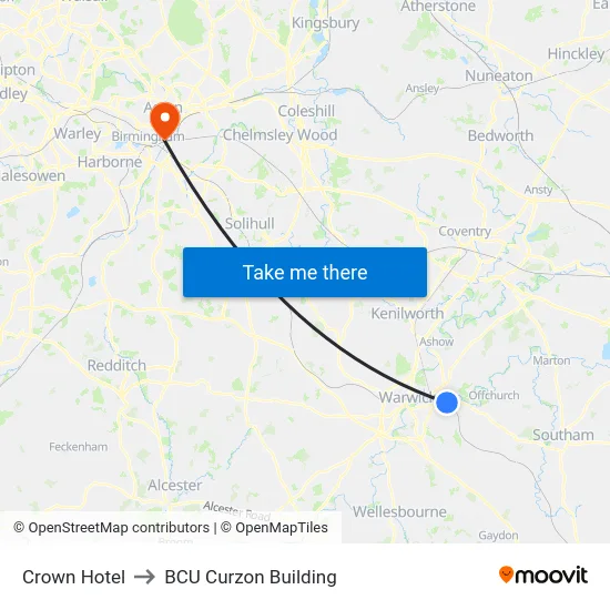 Crown Hotel to BCU Curzon Building map