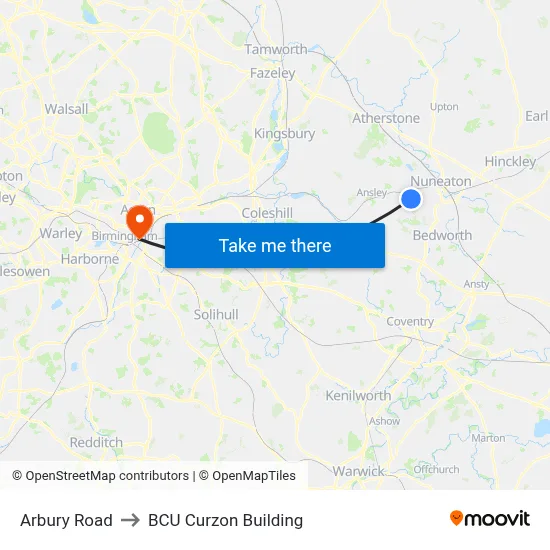 Arbury Road to BCU Curzon Building map
