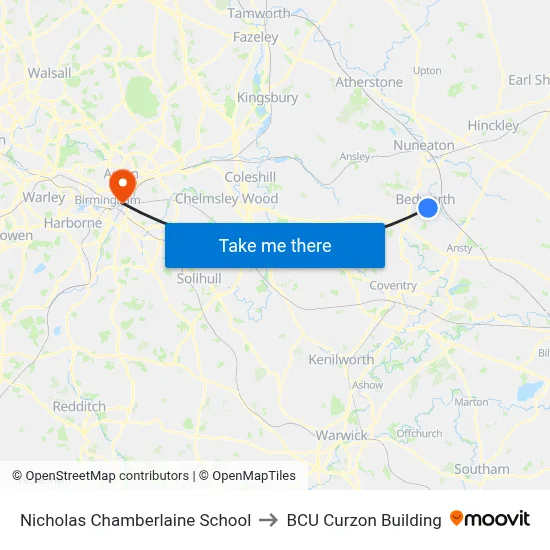 Nicholas Chamberlaine School to BCU Curzon Building map